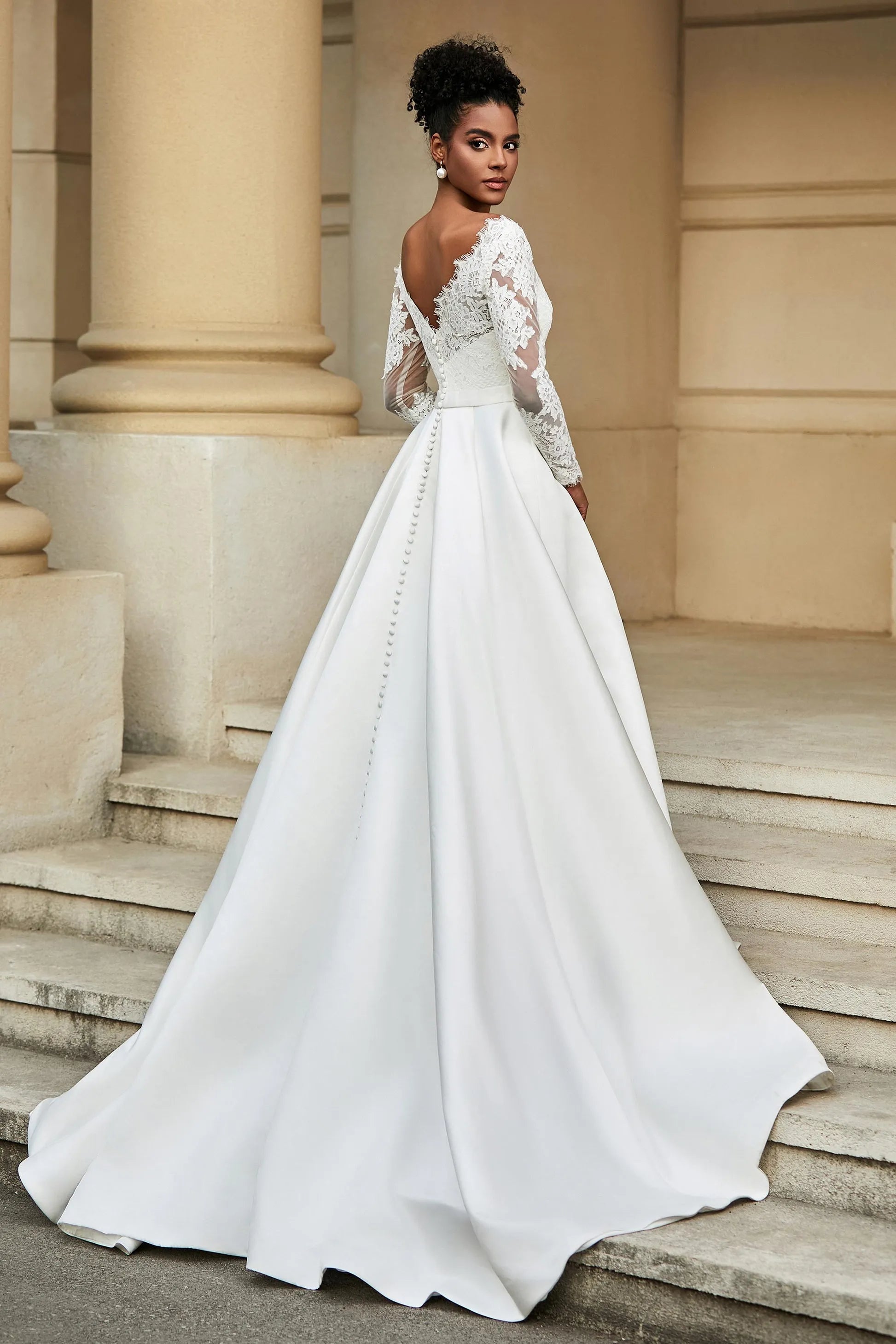 Romantic A-Line Off-The-Shoulder Long Sleeve Button Back Long Wedding Dresses