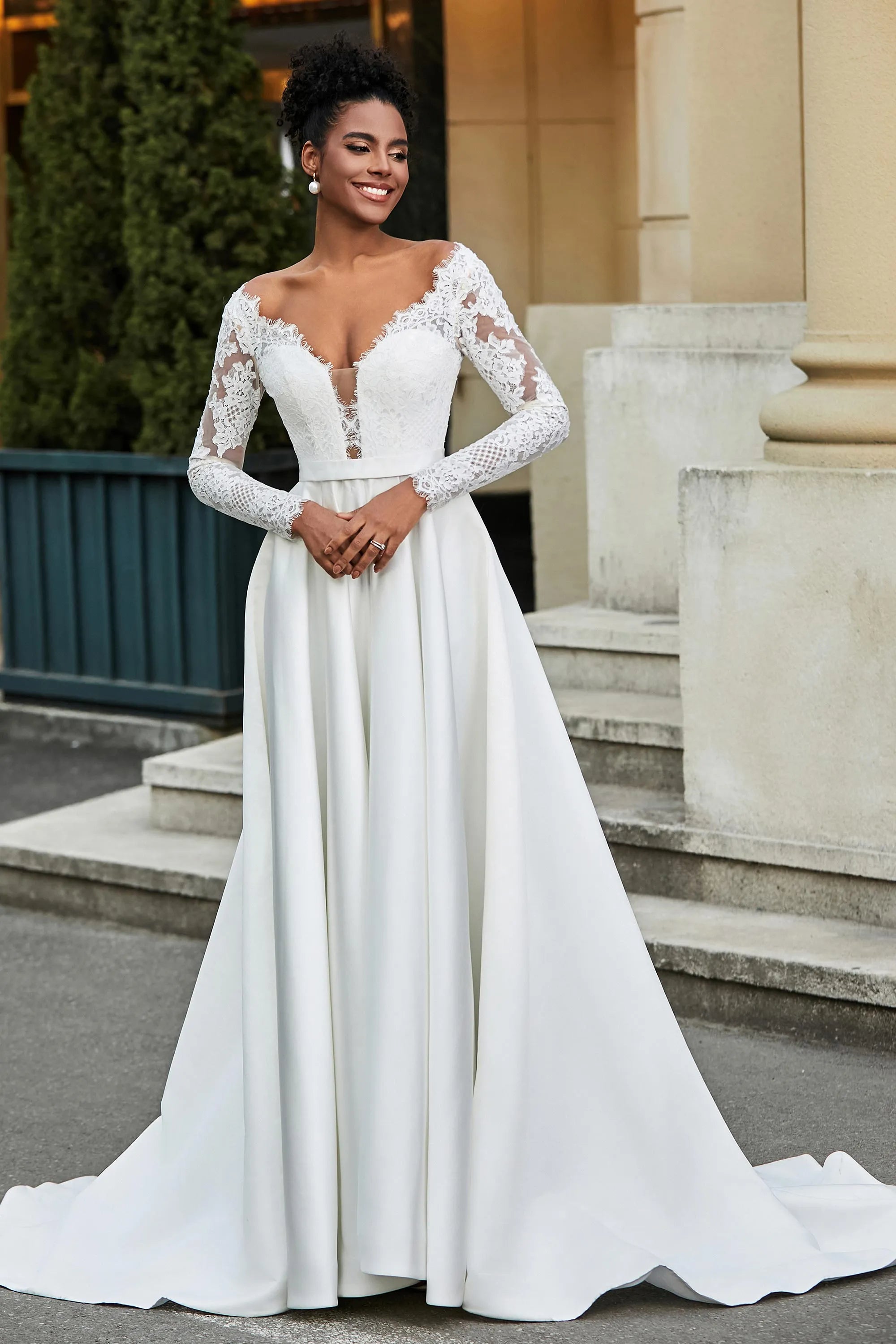 Romantic A-Line Off-The-Shoulder Long Sleeve Button Back Long Wedding Dresses