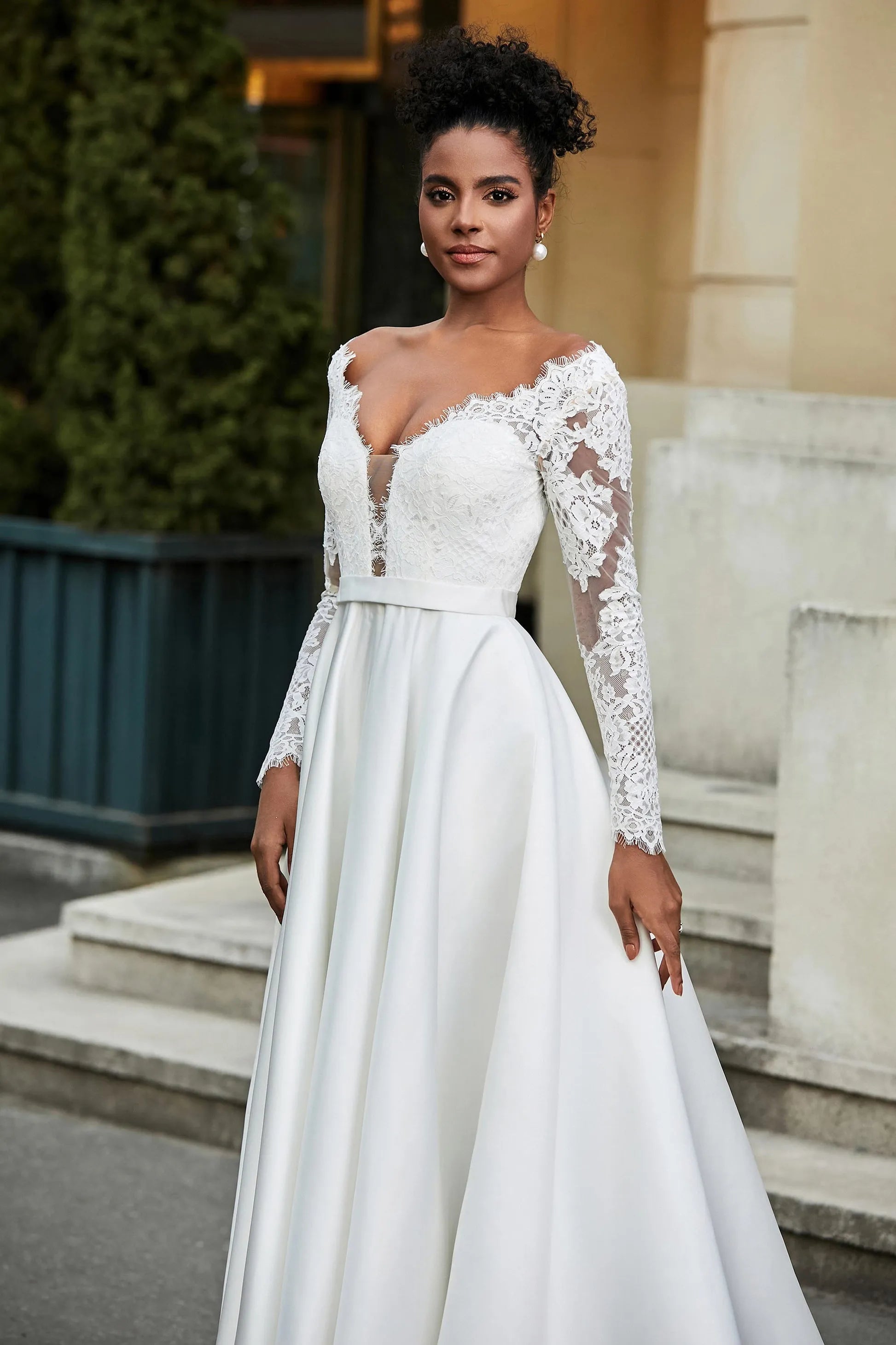 Romantic A-Line Off-The-Shoulder Long Sleeve Button Back Long Wedding Dresses