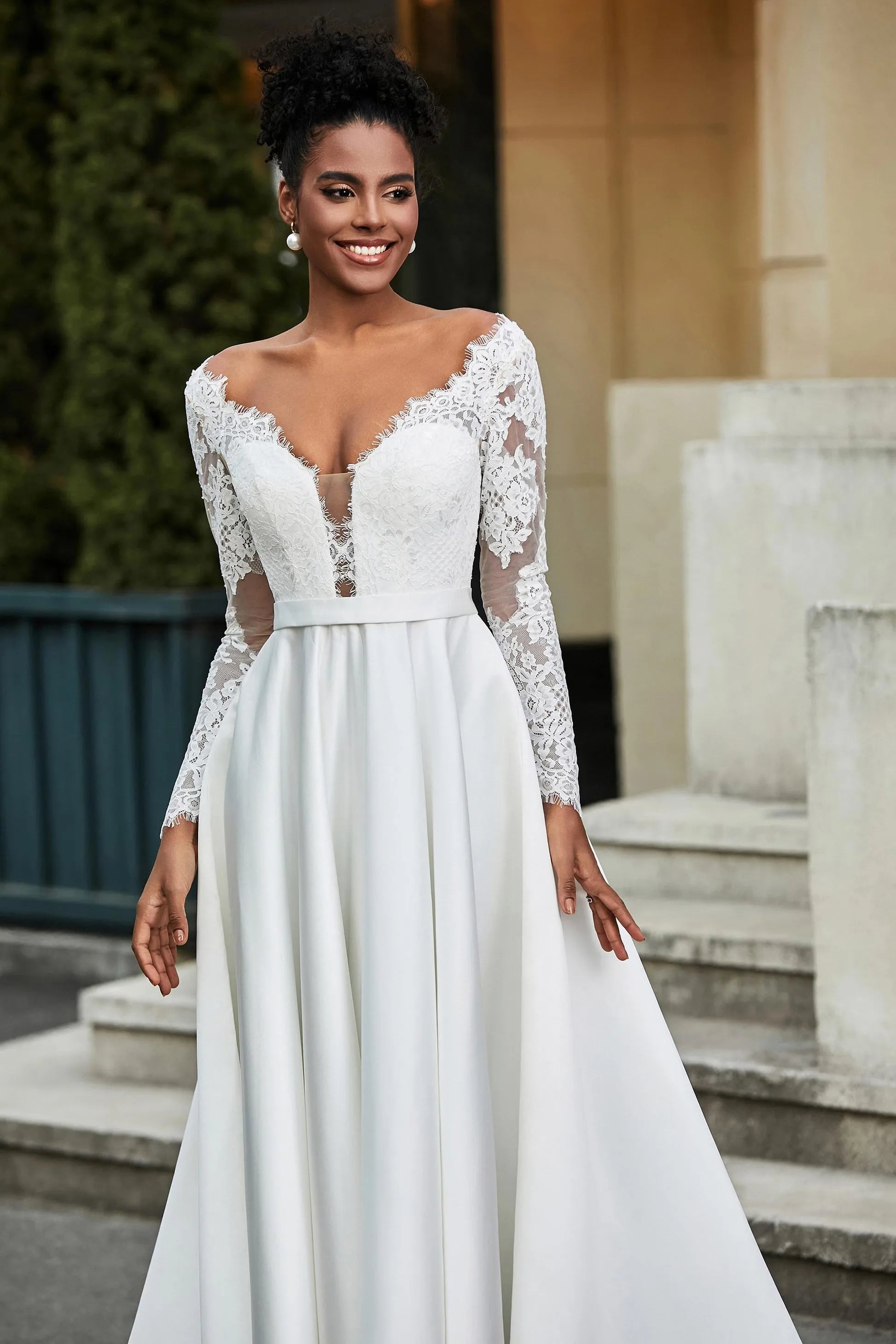 Romantic A-Line Off-The-Shoulder Long Sleeve Button Back Long Wedding Dresses