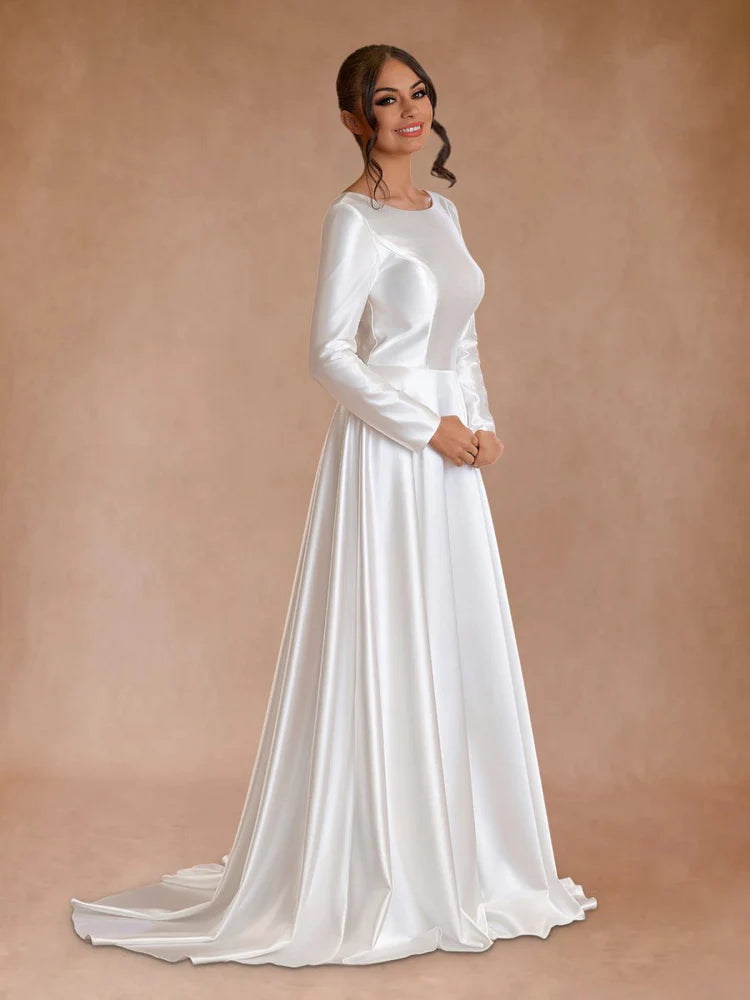 Timeless A-Line Round Neck Long Sleeve V-Back Train-Length Wedding Dresses