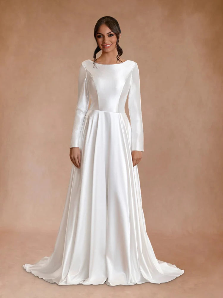 Timeless A-Line Round Neck Long Sleeve V-Back Train-Length Wedding Dresses