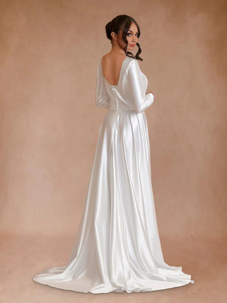 Timeless A-Line Round Neck Long Sleeve V-Back Train-Length Wedding Dresses
