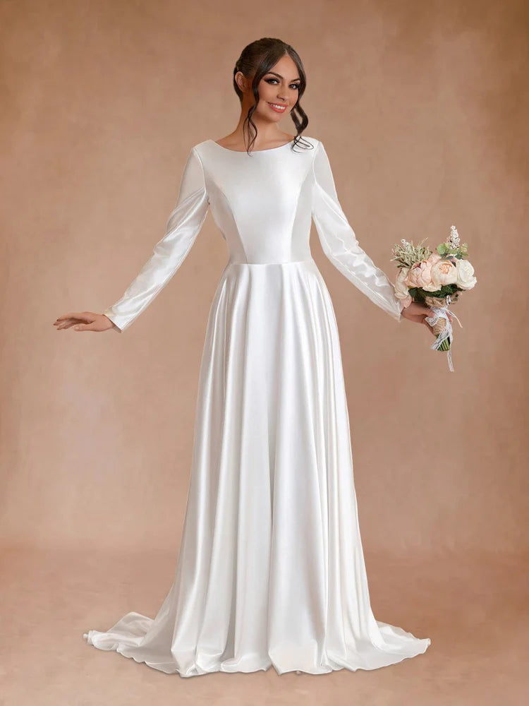 Timeless A-Line Round Neck Long Sleeve V-Back Train-Length Wedding Dresses