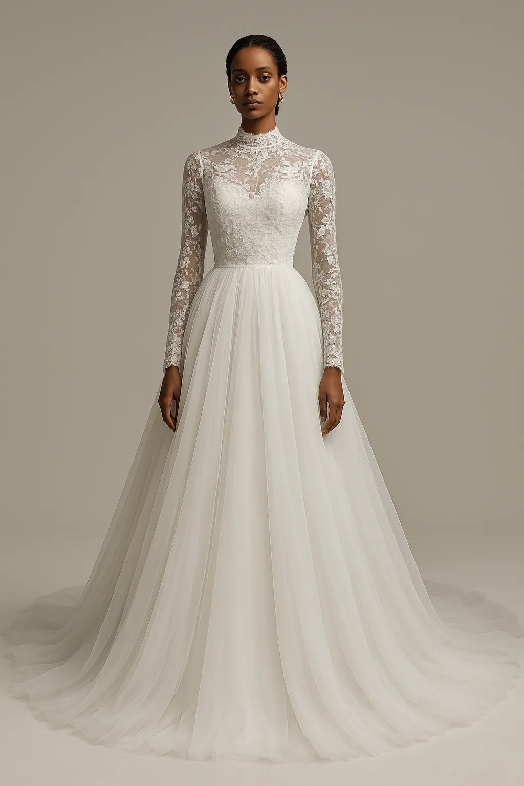 Timeless Ball Gown High Neck Long-Sleeved Lace-Up Back Floor-Length Wedding Dresses