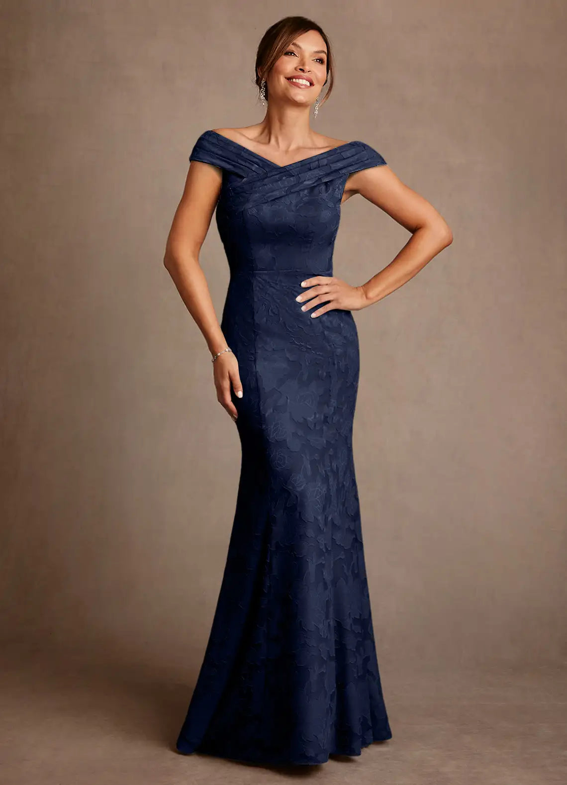 Timeless Trumpet Off-the-Shoulder Cap Sleeve V-Back Floor-Length Mother of the Bride Dress