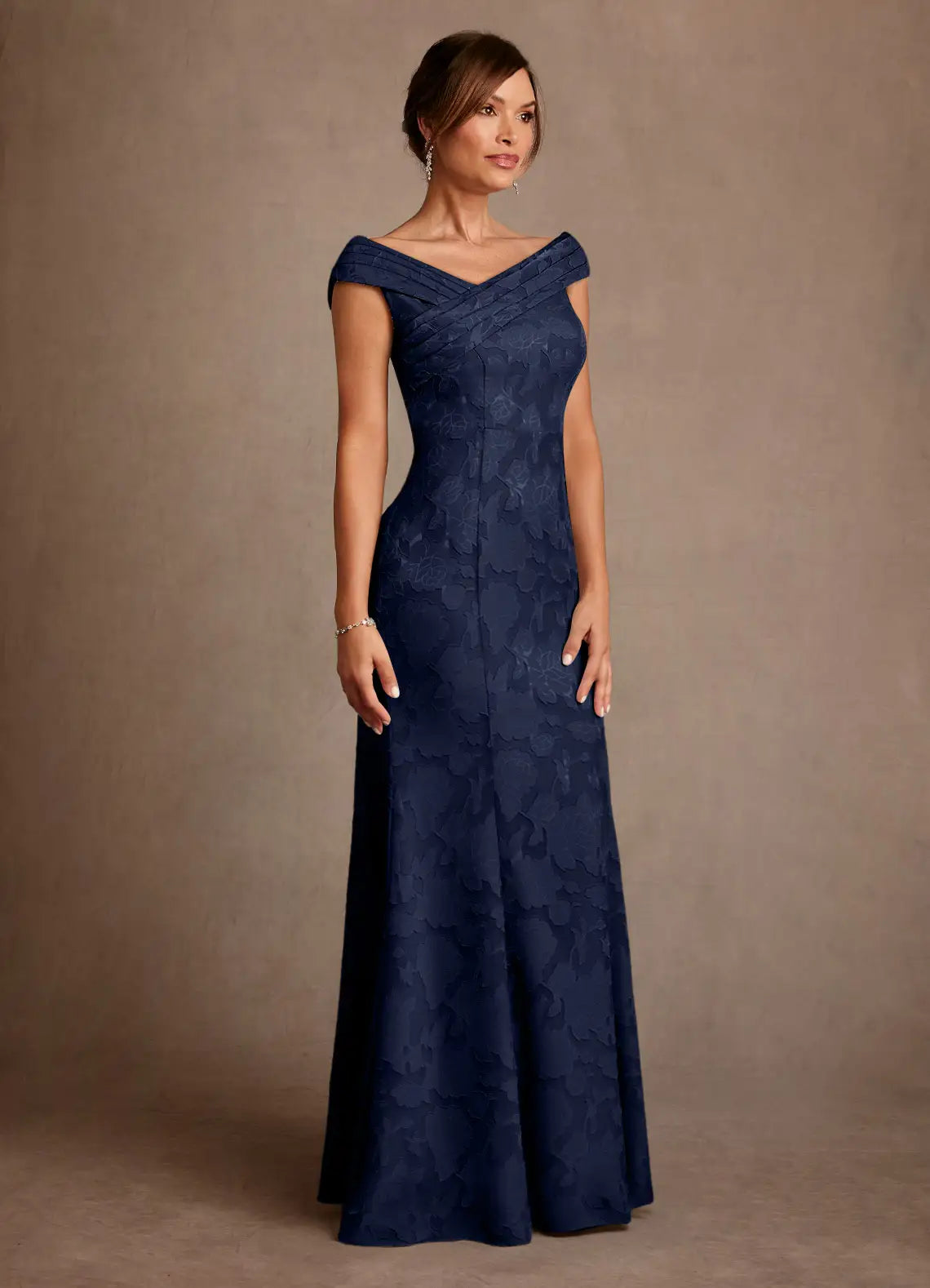 Timeless Trumpet Off-the-Shoulder Cap Sleeve V-Back Floor-Length Mother of the Bride Dress