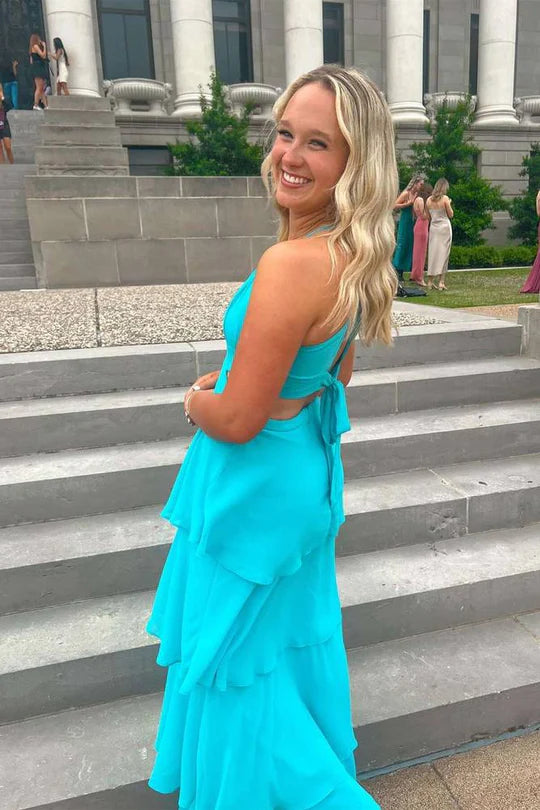 Turquoise Chiffon Spaghetti Strap Cut Out Tiered Maxi Prom Dress