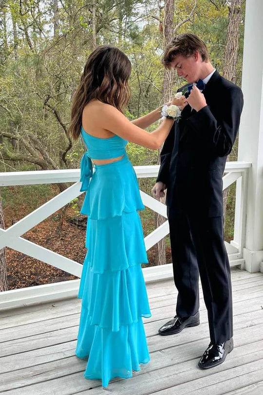 Turquoise Chiffon Spaghetti Strap Cut Out Tiered Maxi Prom Dress