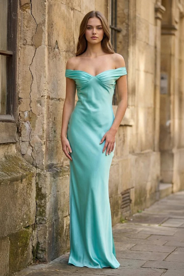 Turquoise Satin Off-the-Shoulder Twist Front Maxi with Open Back  Prom Dress