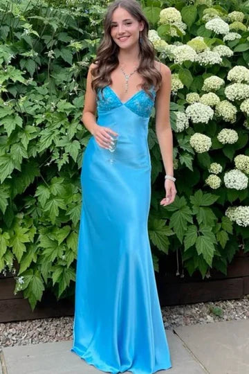 Turquoise Satin Spaghetti Strap Backless Maxi Prom Dress