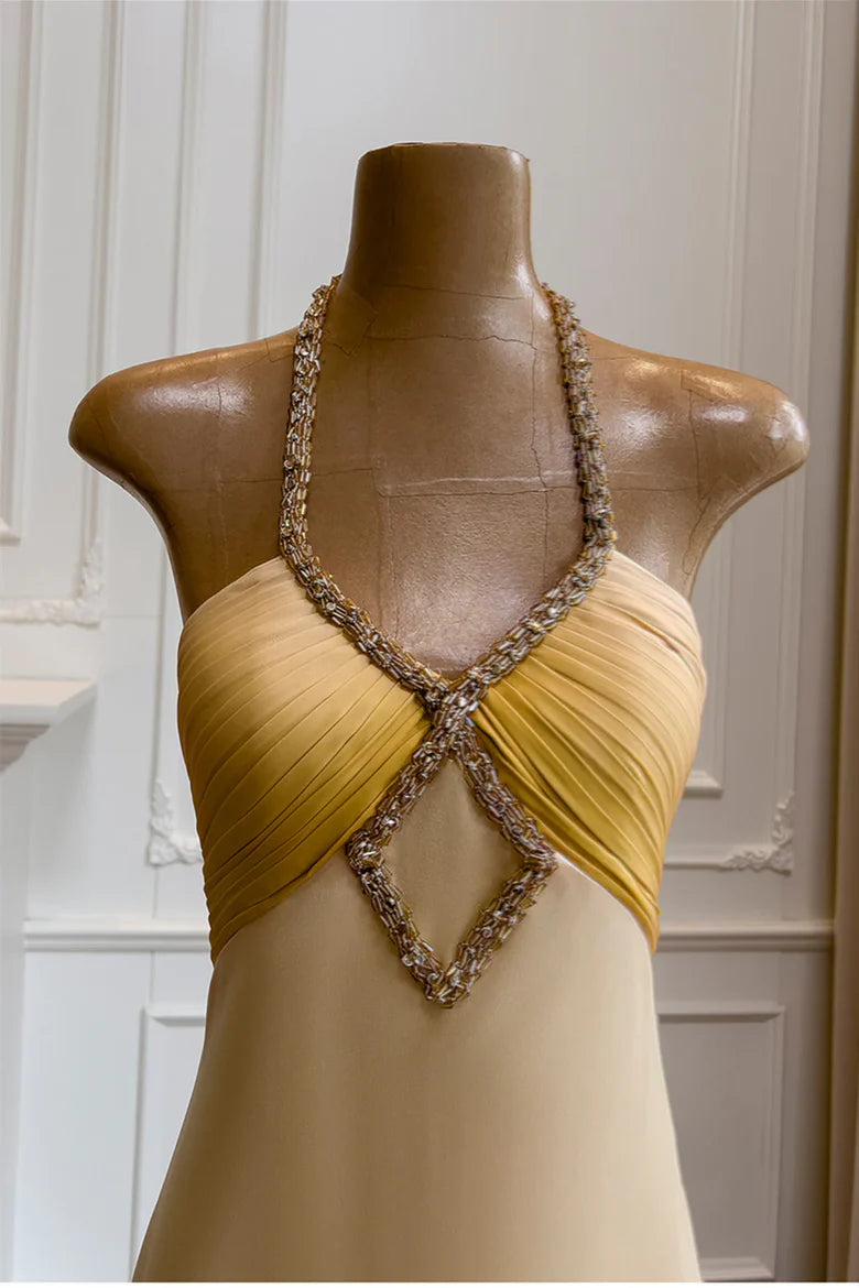 Two-Tone Yellow Halter Maxi Prom Dress with Beaded Cutout Detail