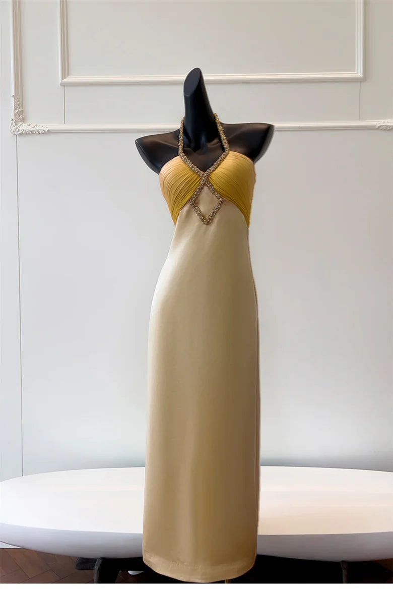 Two-Tone Yellow Halter Maxi Prom Dress with Beaded Cutout Detail