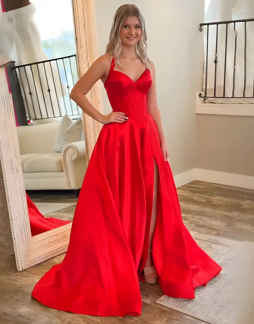 Vibrant A-Line Halter-Neck Lace-Up-Back Floor-Length Prom Dress