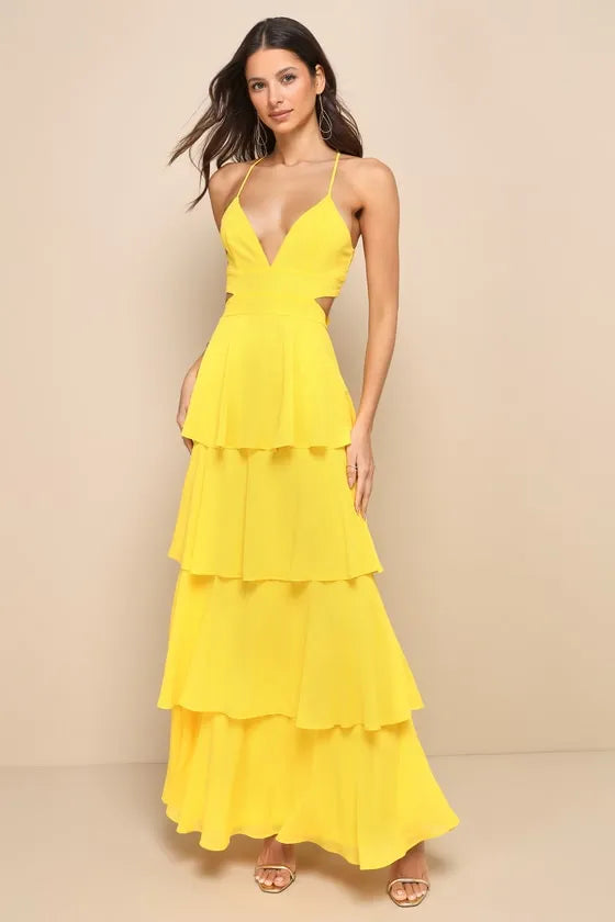Vibrant A-Line Halter-Strap Bow-Back Cutout-Bodice Tiered-Chiffon Floor-Length Prom Dress ﻿