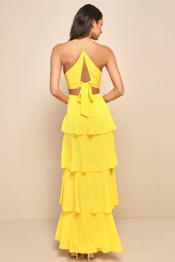 Vibrant A-Line Halter-Strap Bow-Back Cutout-Bodice Tiered-Chiffon Floor-Length Prom Dress ﻿