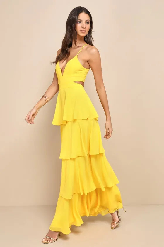 Vibrant A-Line Halter-Strap Bow-Back Cutout-Bodice Tiered-Chiffon Floor-Length Prom Dress ﻿