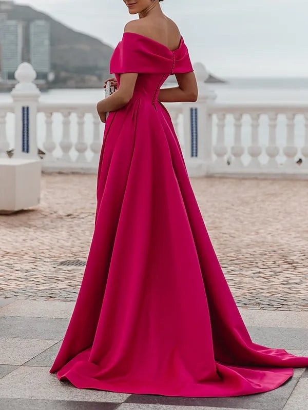 Vibrant A-Line Off-Shoulder Short-Sleeve Zip-Back Floor-Length Evening Dresses