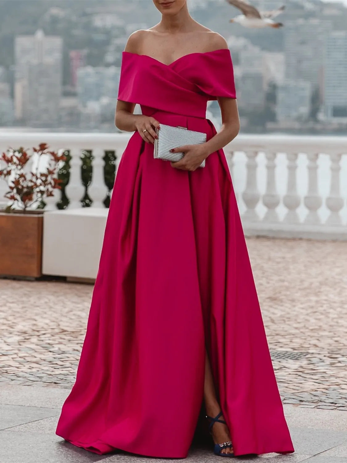 Vibrant A-Line Off-Shoulder Short-Sleeve Zip-Back Floor-Length Evening Dresses