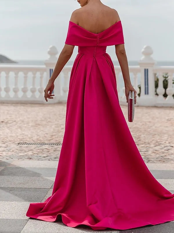 Vibrant A-Line Off-Shoulder Short-Sleeve Zip-Back Floor-Length Evening Dresses