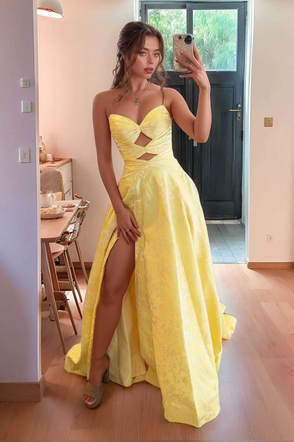 Vibrant A-Line Sweetheart Strapless Cutout-Bodice Crisscross-Lace-Up-Back Floor-Length Prom Dress