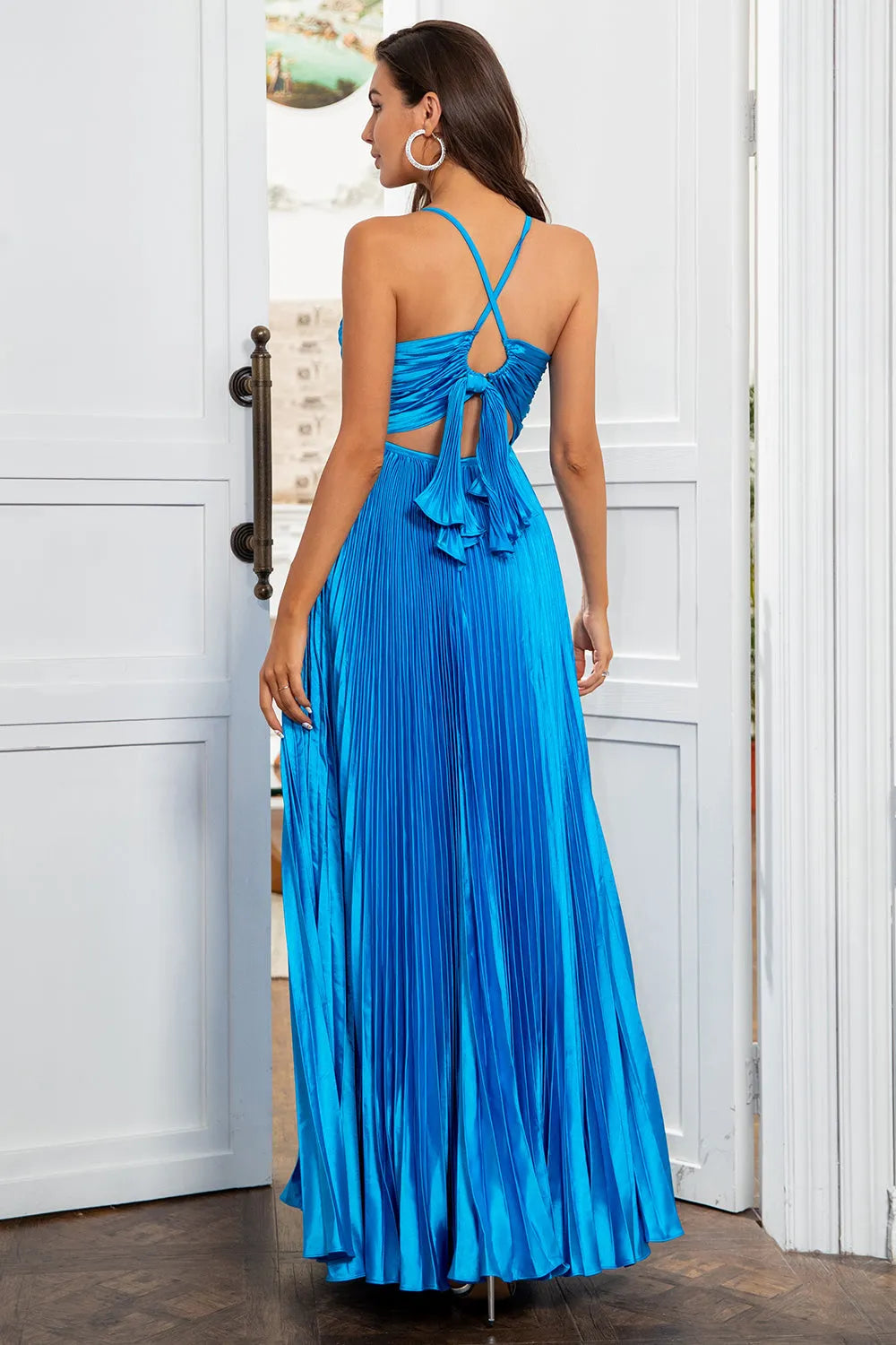 Vibrant  A-Line V-Neck Cross-Strap Tie-Back Floor-Length Prom Dress