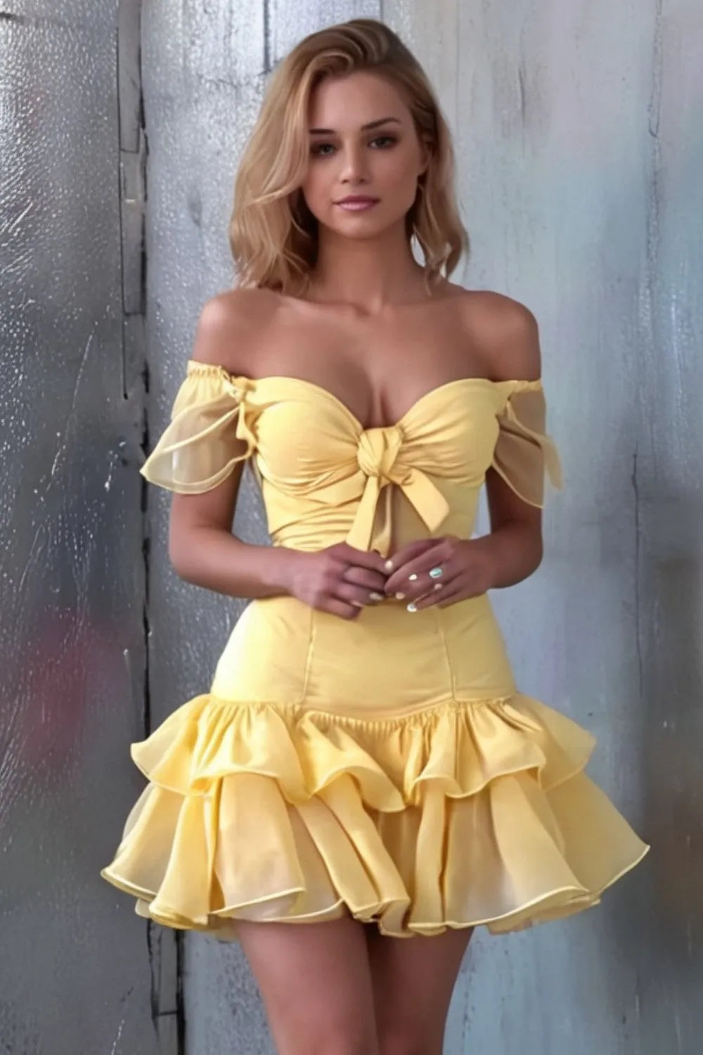Vibrant Fit-and-Flare Sweetheart Off-Shoulder Bow Back Short Homecoming Dresses
