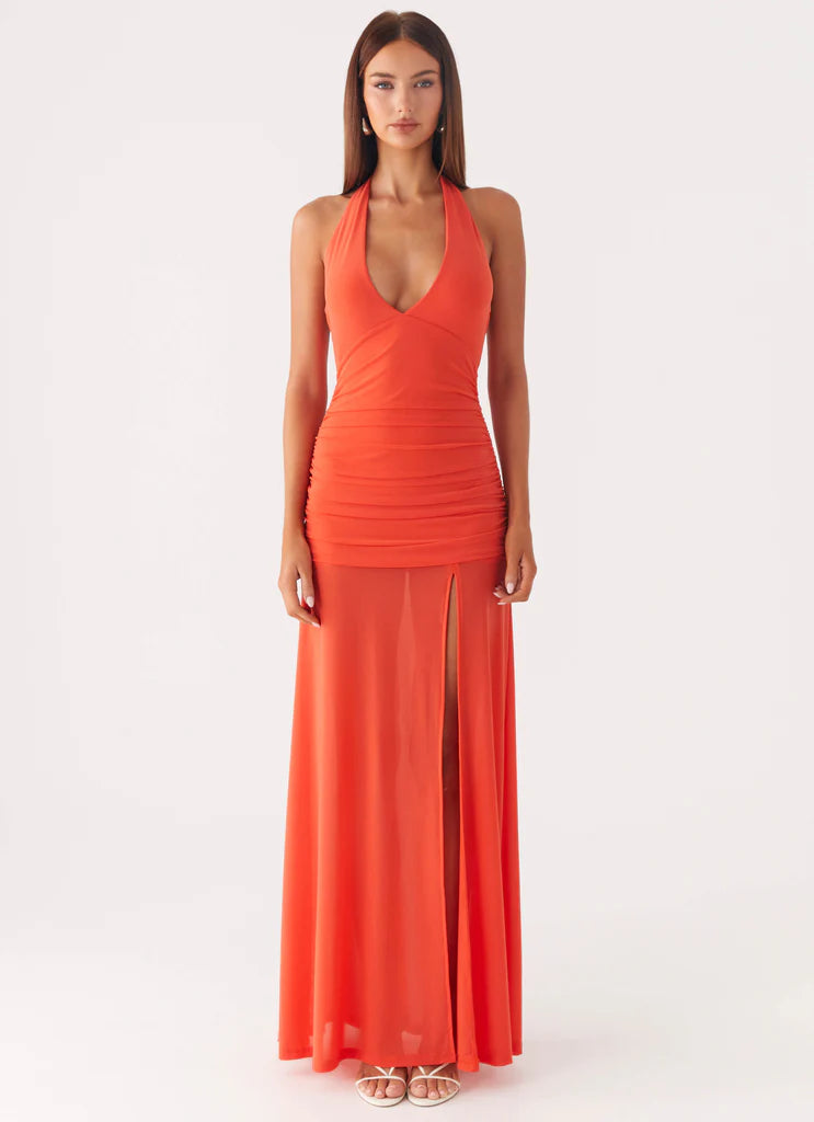 Vibrant Orange Halter Neck Ruched Maxi Prom Dress For Glam Formal Evening Events