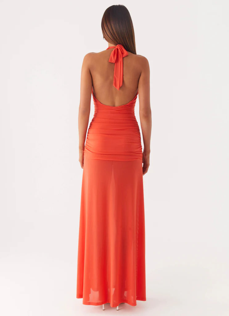 Vibrant Orange Halter Neck Ruched Maxi Prom Dress For Glam Formal Evening Events