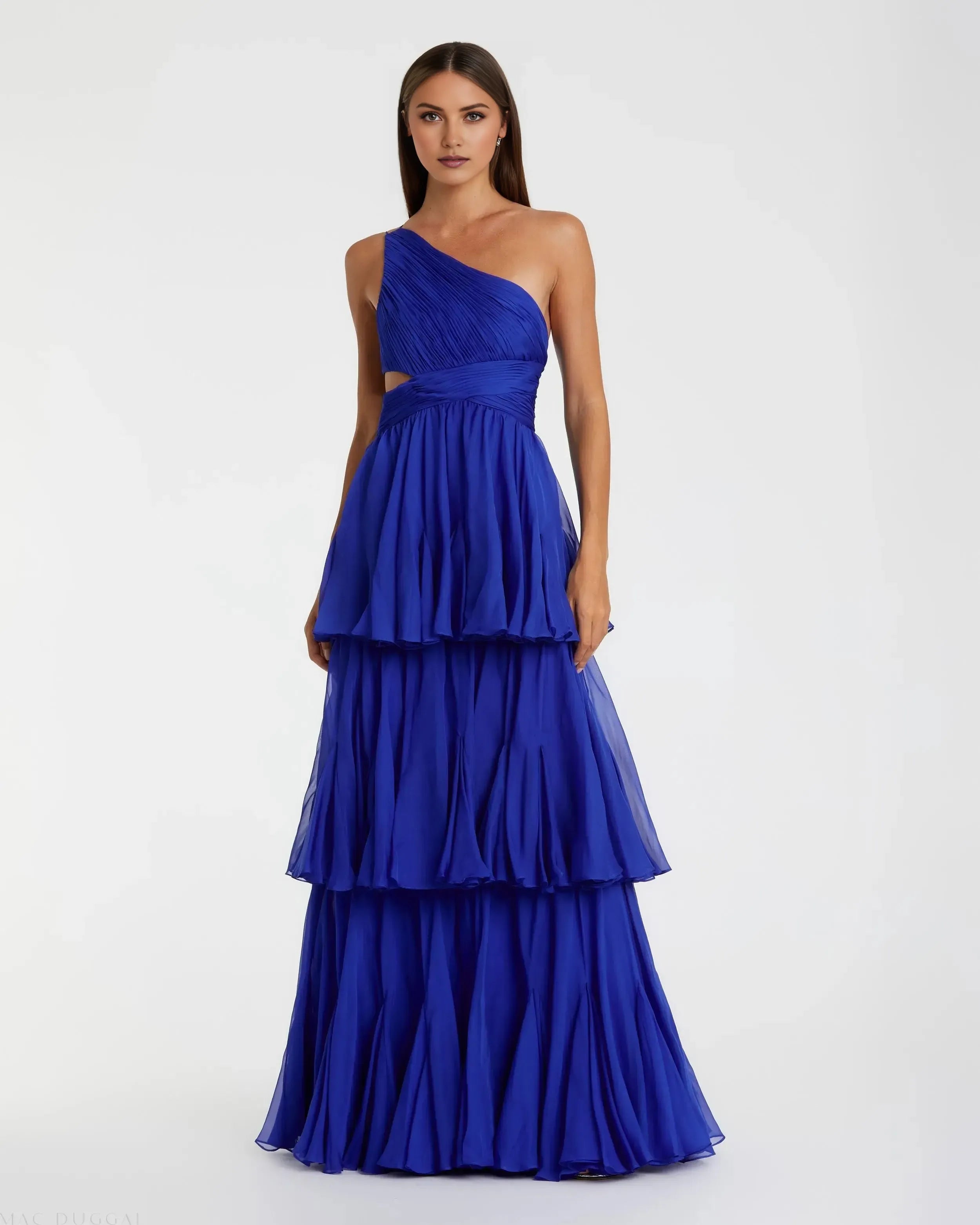 Vibrant Royal Blue A-Line One-Shoulder Sleeveless Tiered Ruffle Lace Up Back Floor-Length Chiffon Prom Dress