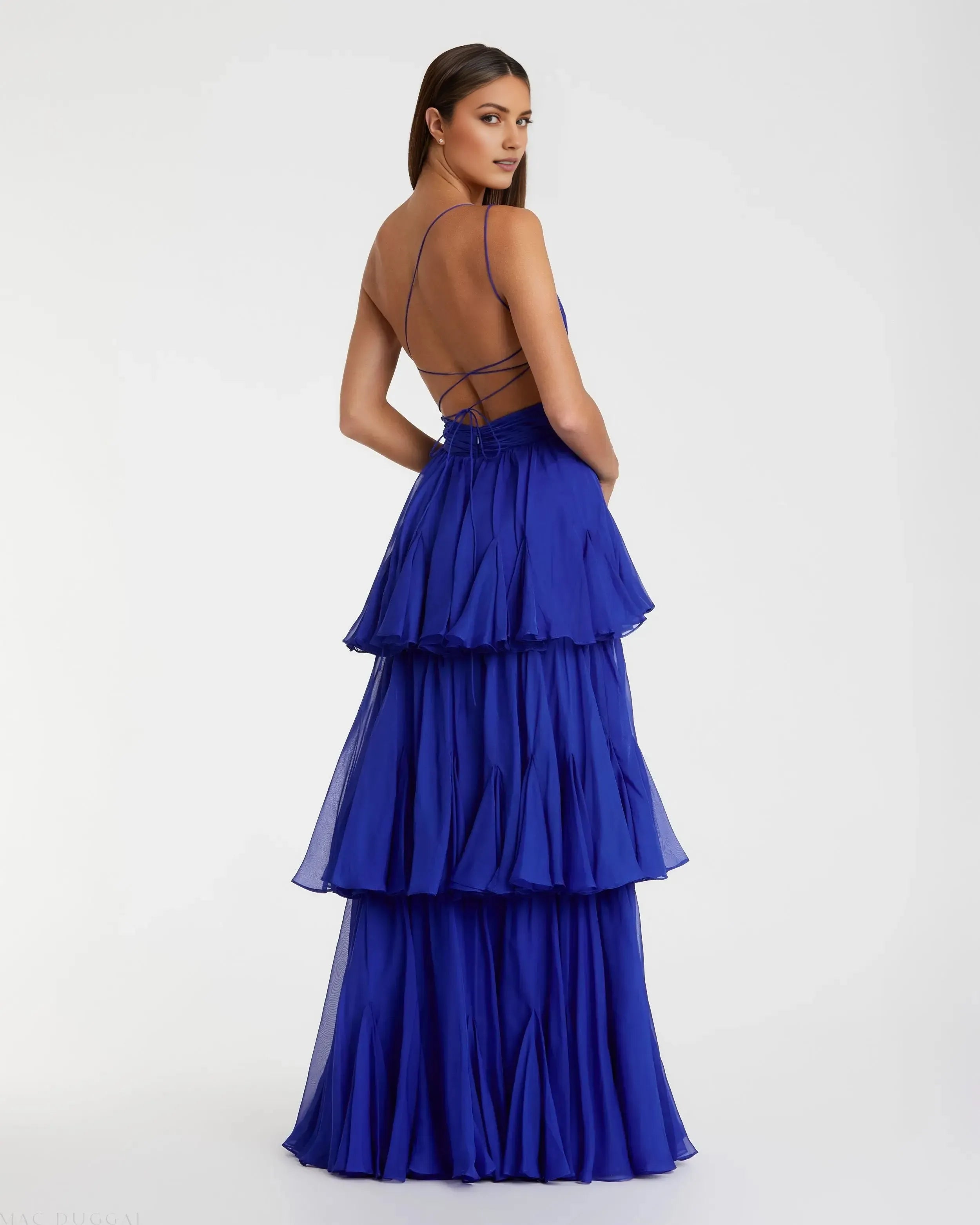 Vibrant Royal Blue A-Line One-Shoulder Sleeveless Tiered Ruffle Lace Up Back Floor-Length Chiffon Prom Dress