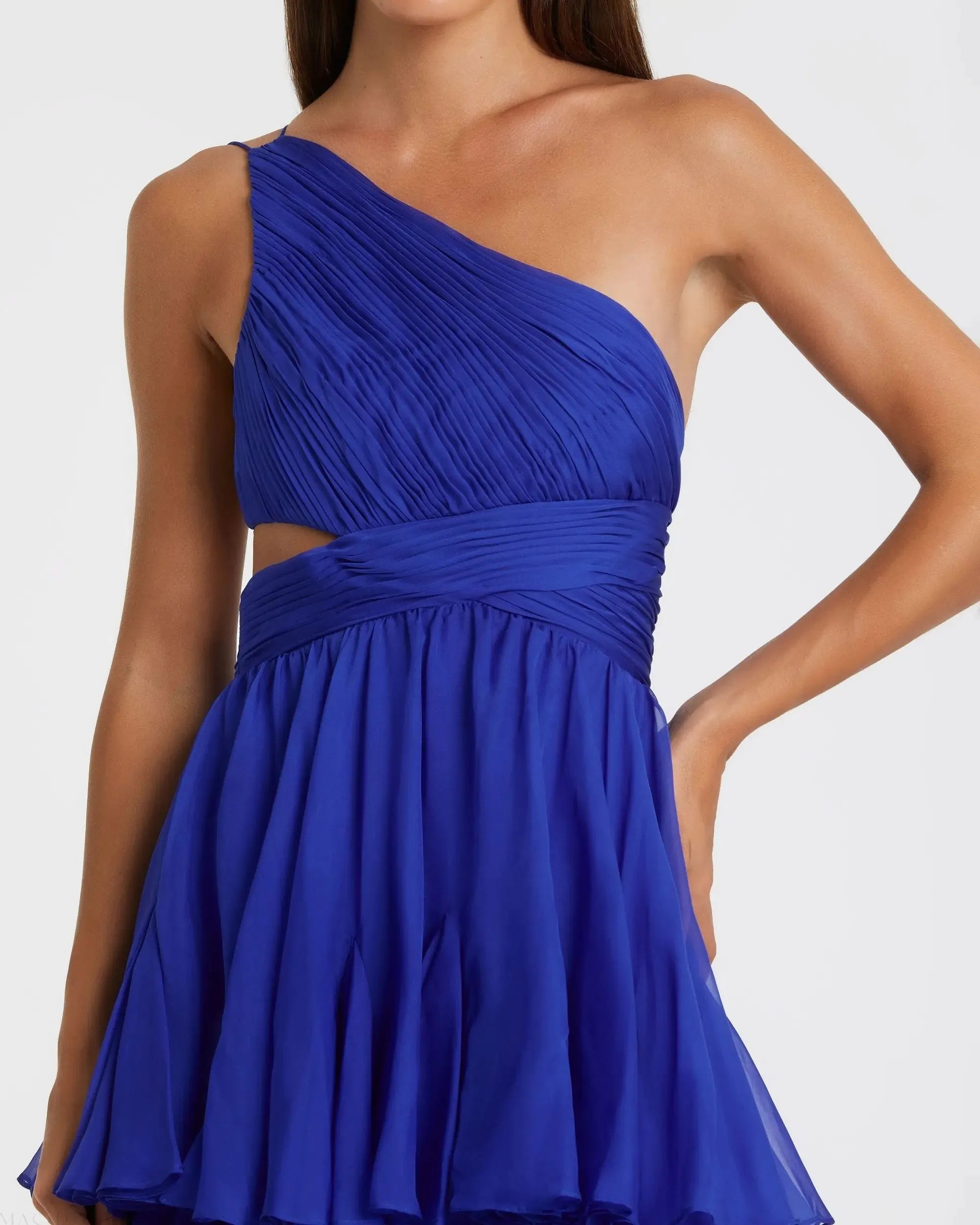 Vibrant Royal Blue A-Line One-Shoulder Sleeveless Tiered Ruffle Lace Up Back Floor-Length Chiffon Prom Dress