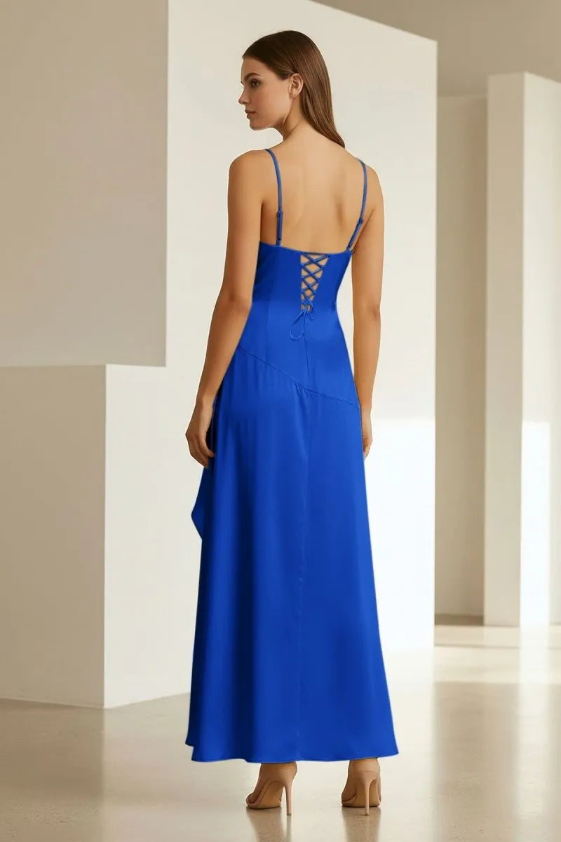 Vibrant Slip dress V-Neck Spaghetti-Strap Lace-Up-Back High-Low Prom Dress