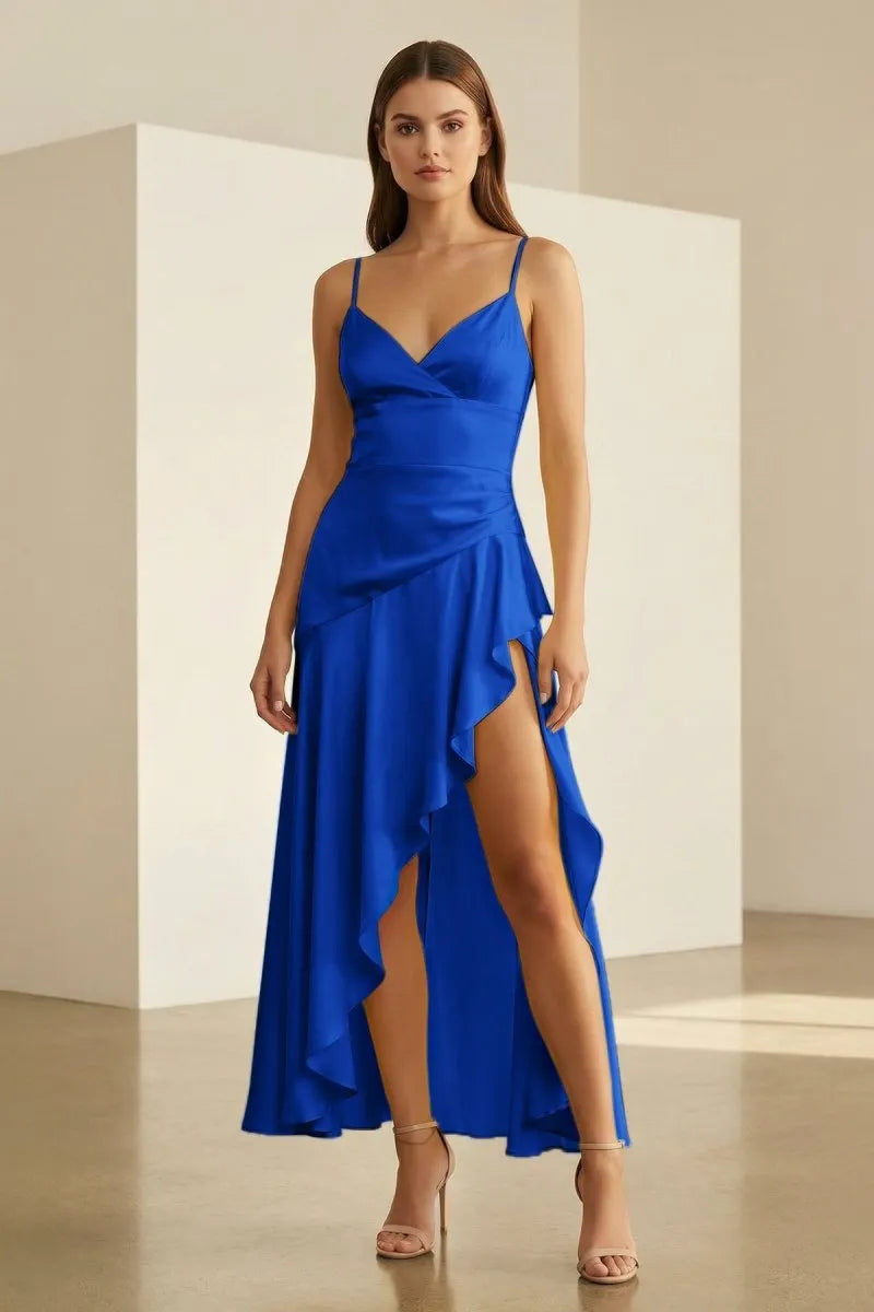Vibrant Slip dress V-Neck Spaghetti-Strap Lace-Up-Back High-Low Prom Dress
