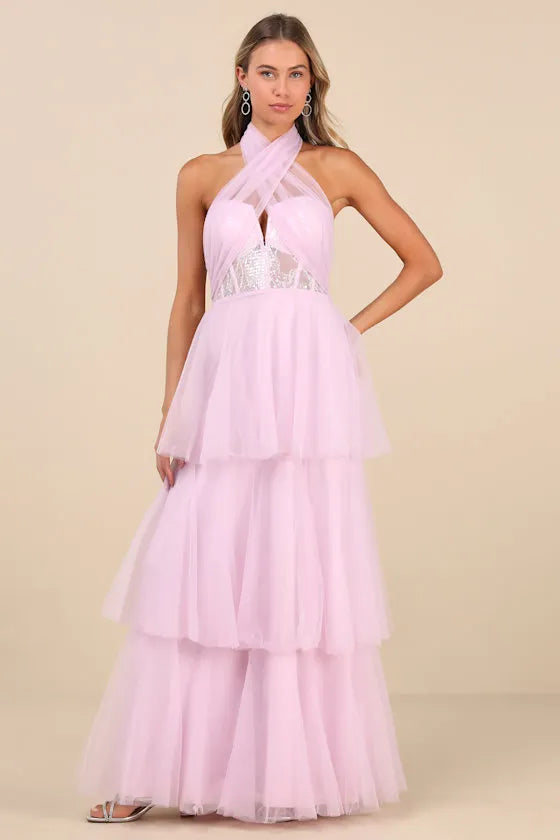Whimsical A-Line Halter-Strap Bow-Back Embellished-Trim Tiered-Tulle Floor-Length Prom Dress
