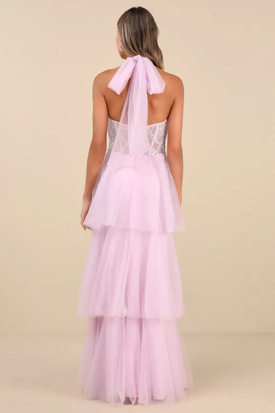 Whimsical A-Line Halter-Strap Bow-Back Embellished-Trim Tiered-Tulle Floor-Length Prom Dress