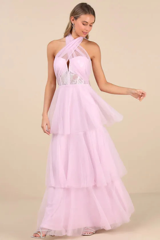 Whimsical A-Line Halter-Strap Bow-Back Embellished-Trim Tiered-Tulle Floor-Length Prom Dress