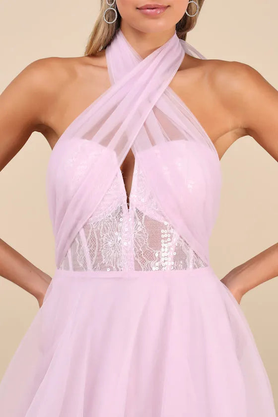 Whimsical A-Line Halter-Strap Bow-Back Embellished-Trim Tiered-Tulle Floor-Length Prom Dress