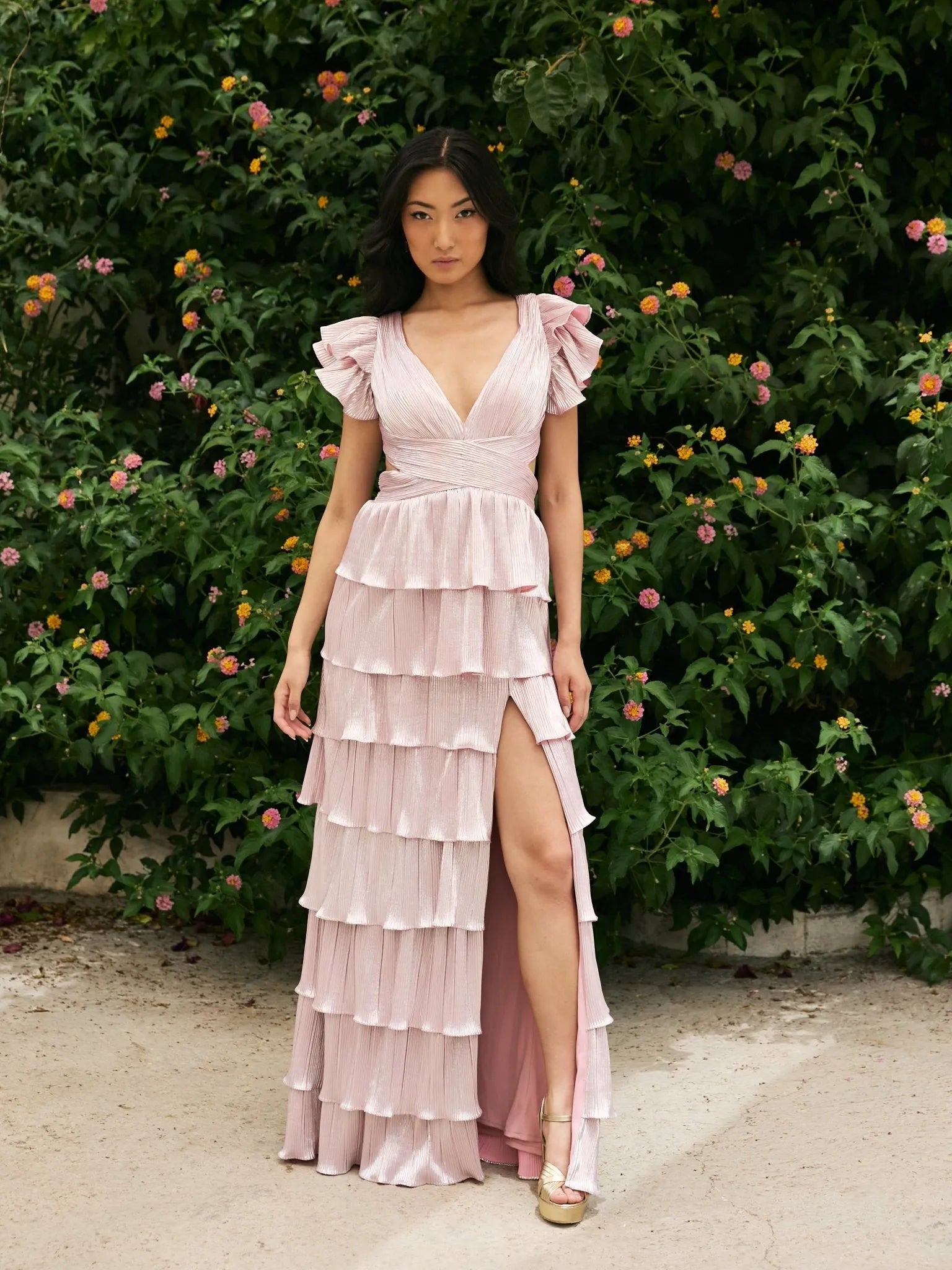 Whimsical A-Line V-Neck Ruffled-Sleeve Lace-Up-Back Floor-Length Prom Dress