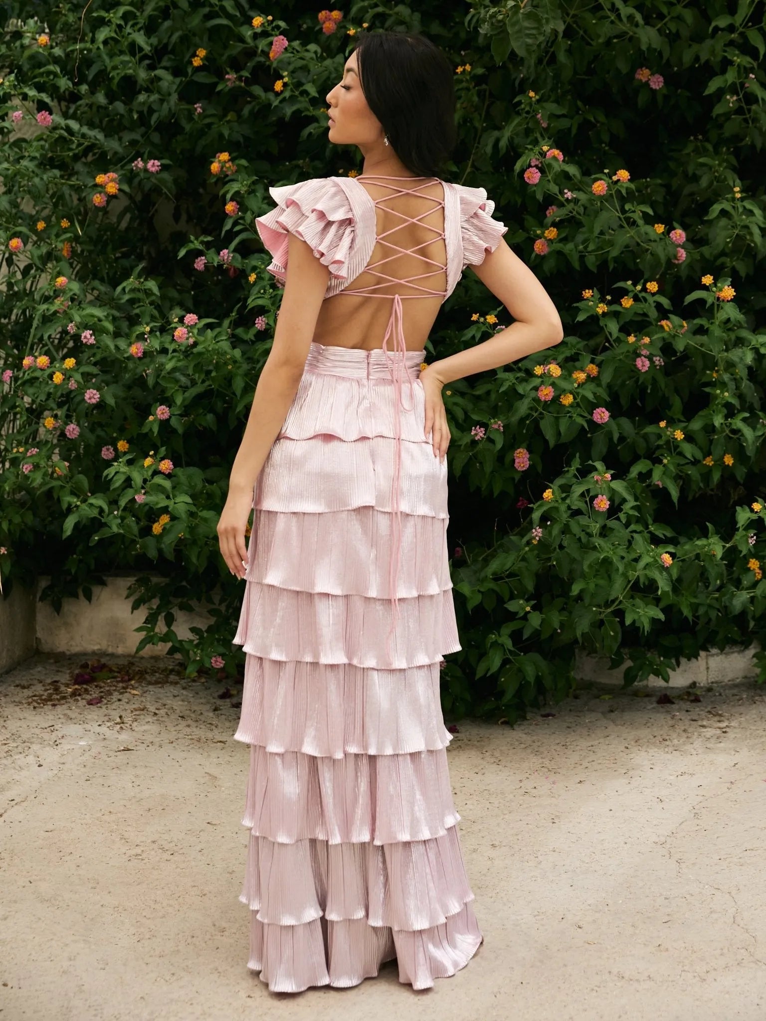 Whimsical A-Line V-Neck Ruffled-Sleeve Lace-Up-Back Floor-Length Prom Dress