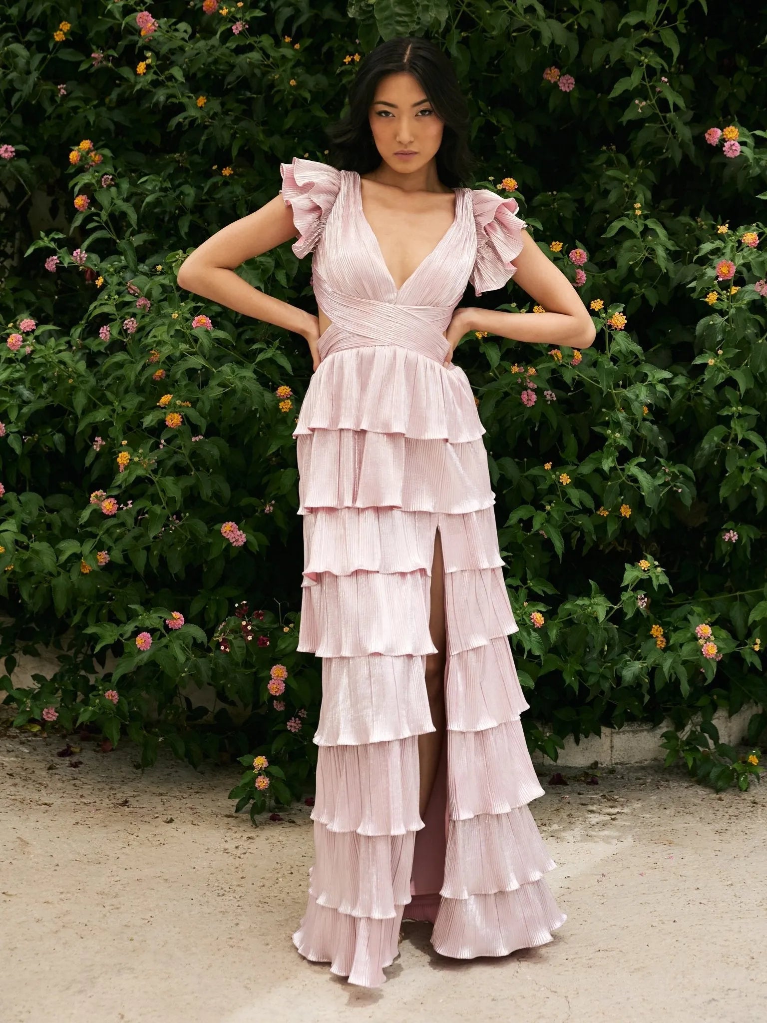 Whimsical A-Line V-Neck Ruffled-Sleeve Lace-Up-Back Floor-Length Prom Dress