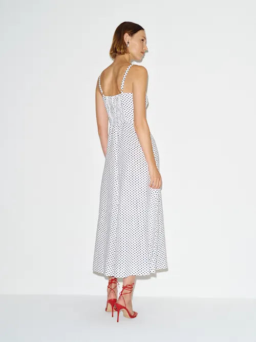 White Black Polka Dot Square Neck Wide Strap Prom Dress