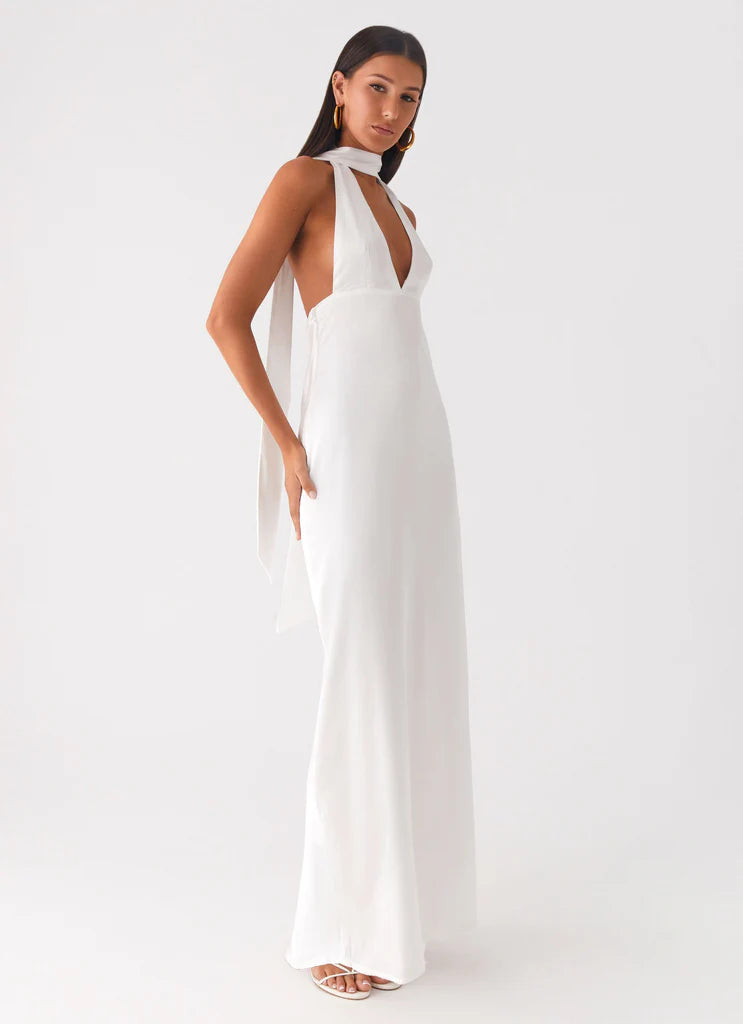 White Halter Neck Deep V Backless Satin Maxi Bridal Dress For Elegant Romantic Wedding Events