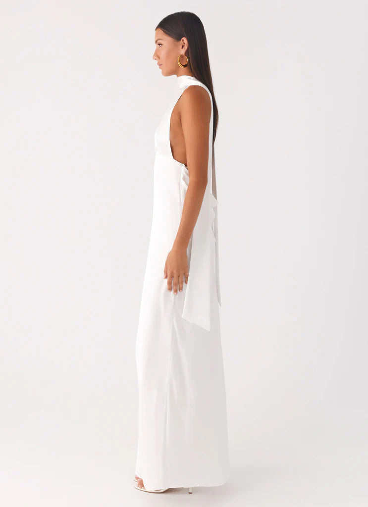 White Halter Neck Deep V Backless Satin Maxi Bridal Dress For Elegant Romantic Wedding Events