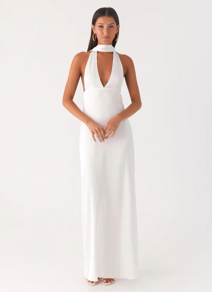 White Halter Neck Deep V Backless Satin Maxi Bridal Dress For Elegant Romantic Wedding Events