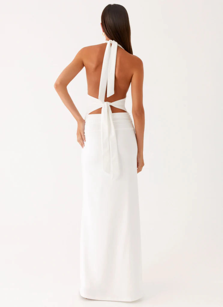White Halter Neck Deep V Ruched Backless Maxi Bridal Dress For Elegant Romantic Wedding Events