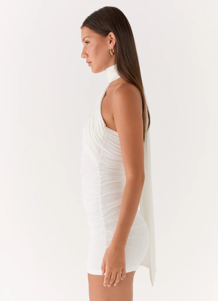 White One Shoulder Ruched Scarf Tie Mini Dress For Elegant Formal Party Events