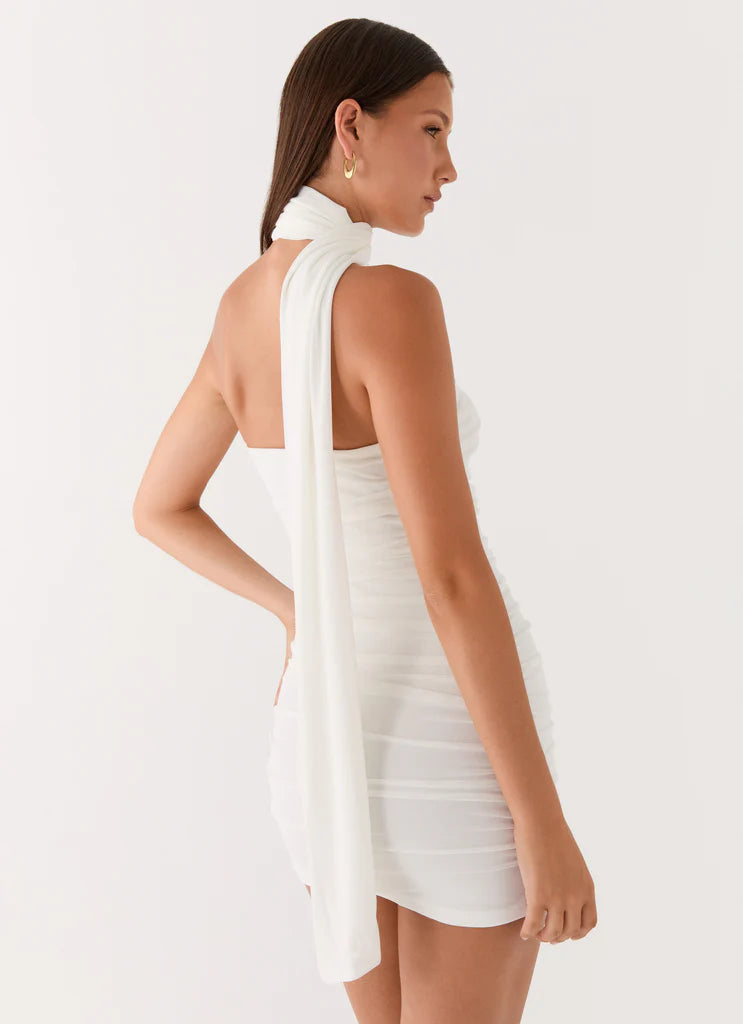 White One Shoulder Ruched Scarf Tie Mini Dress For Elegant Formal Party Events