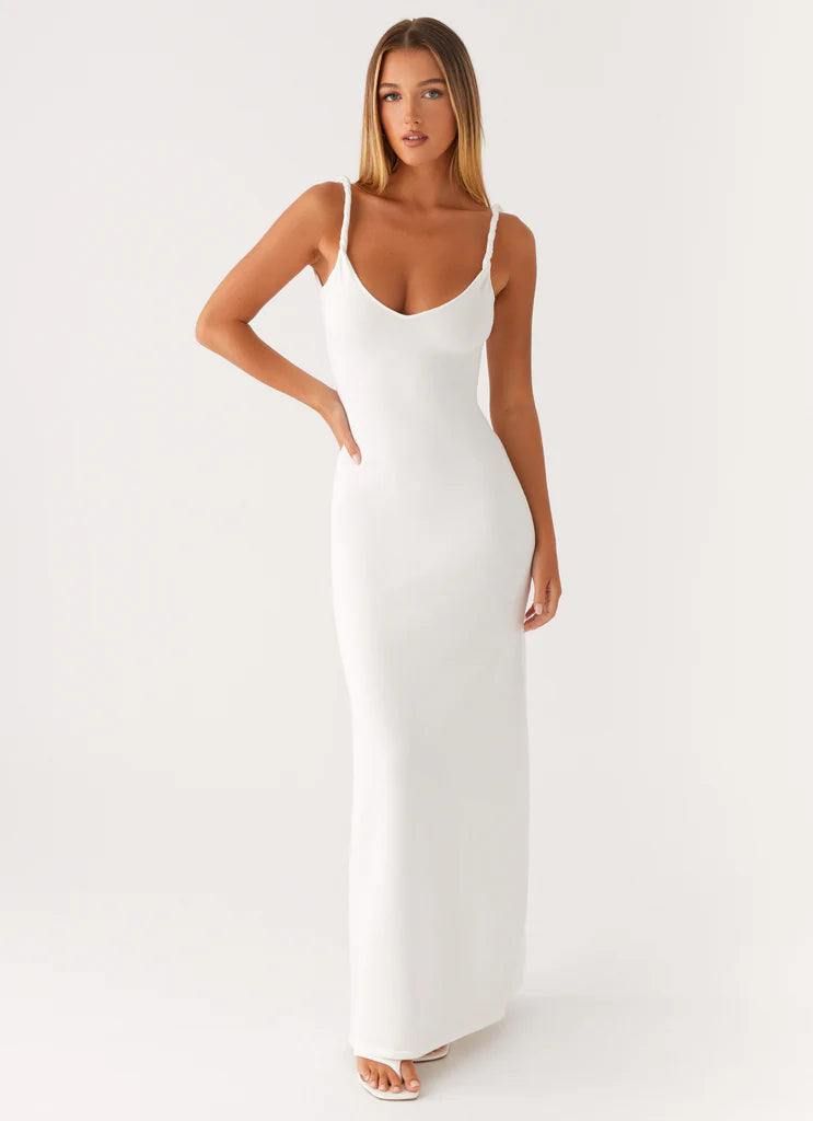 White Ribbed Sleeveless Twisted Strap Maxi Dress For Elegant Casual Party Events