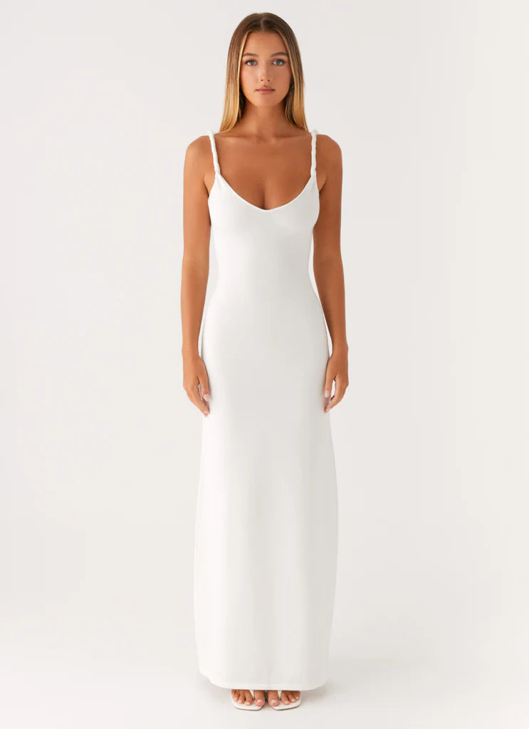 White Ribbed Sleeveless Twisted Strap Maxi Dress For Elegant Casual Party Events